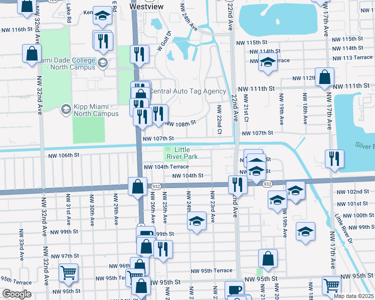 map of restaurants, bars, coffee shops, grocery stores, and more near 2399 Northwest 105th Street in Miami