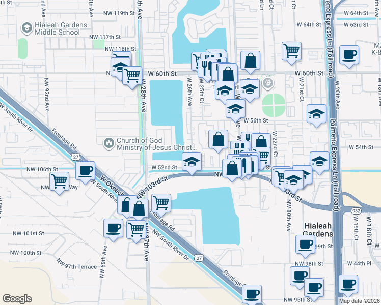 map of restaurants, bars, coffee shops, grocery stores, and more near 5248 West 26th Court in Hialeah