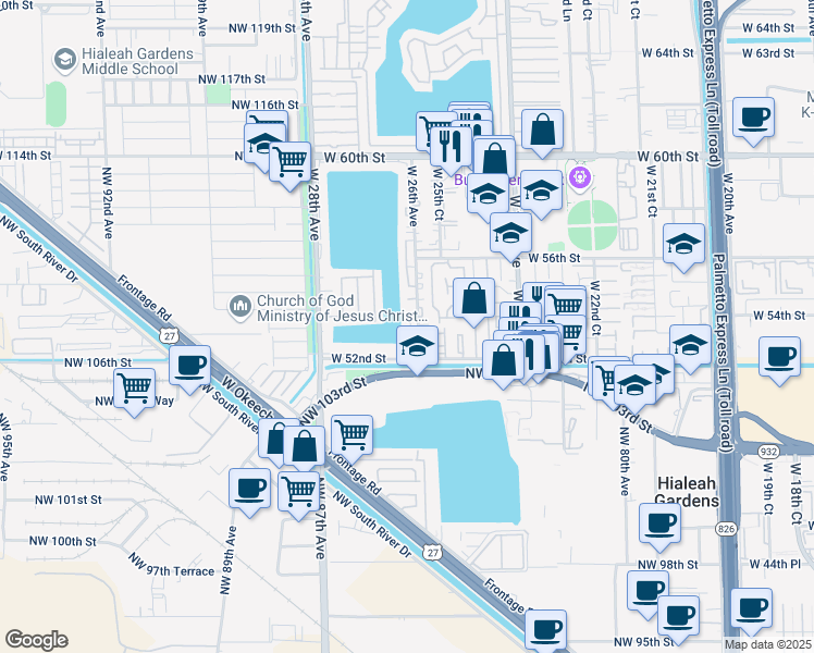 map of restaurants, bars, coffee shops, grocery stores, and more near 5248 West 26th Court in Hialeah