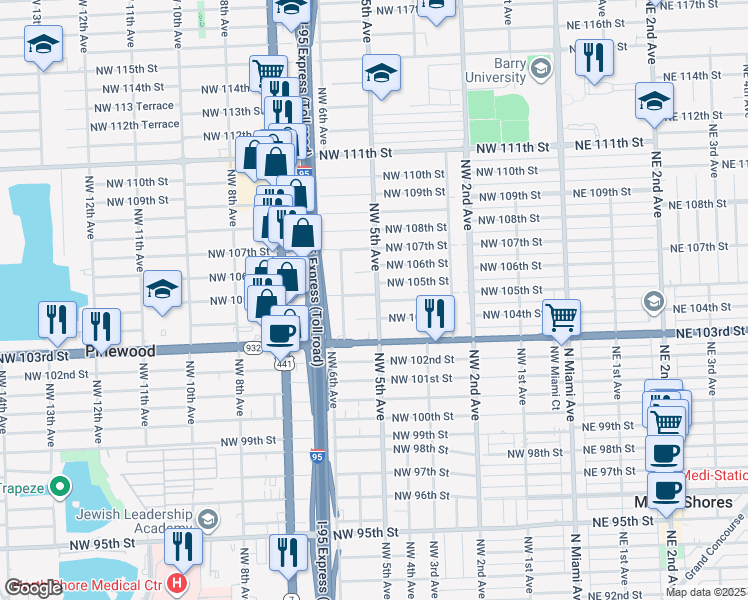 map of restaurants, bars, coffee shops, grocery stores, and more near 521 Northwest 104th Street in Miami