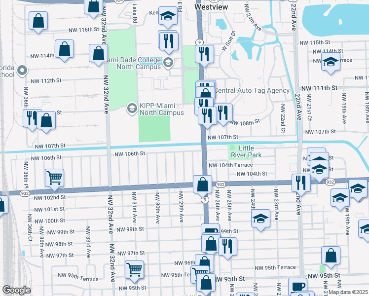 map of restaurants, bars, coffee shops, grocery stores, and more near 10540 Northwest 28th Avenue in Miami