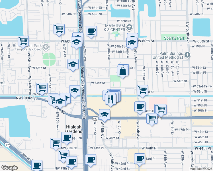 map of restaurants, bars, coffee shops, grocery stores, and more near 5345 West 18th Avenue in Hialeah