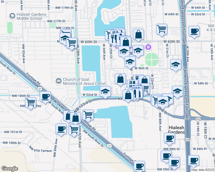 map of restaurants, bars, coffee shops, grocery stores, and more near 5248 West 26th Court in Hialeah