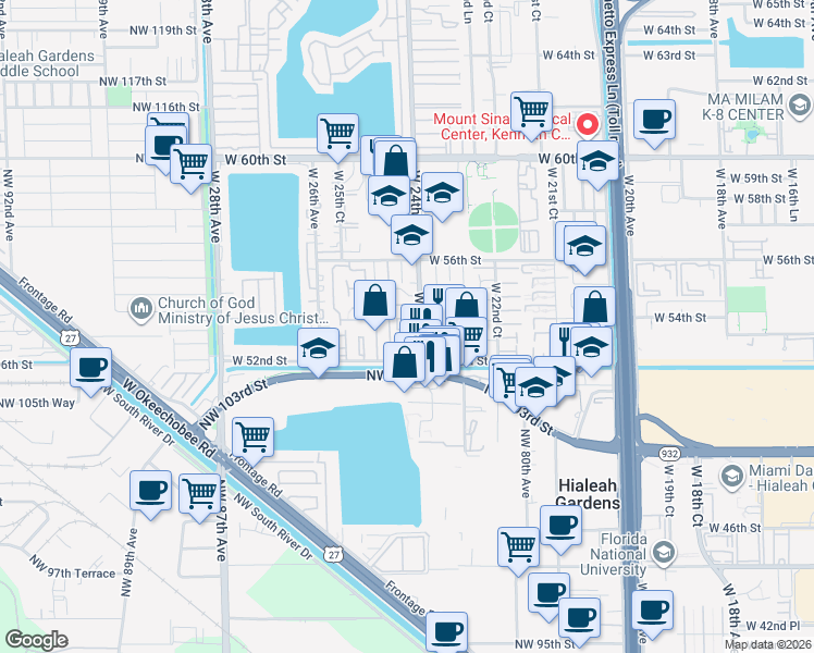 map of restaurants, bars, coffee shops, grocery stores, and more near in Hialeah