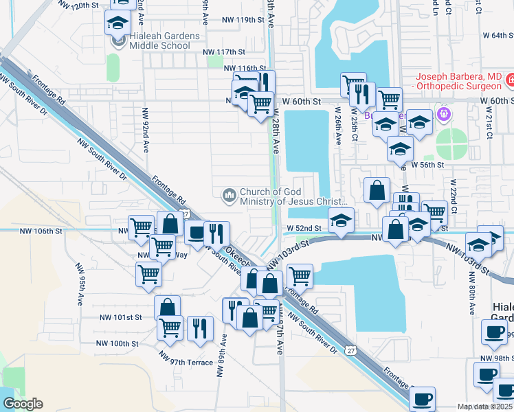 map of restaurants, bars, coffee shops, grocery stores, and more near 10702 Northwest 87th Court in Hialeah Gardens