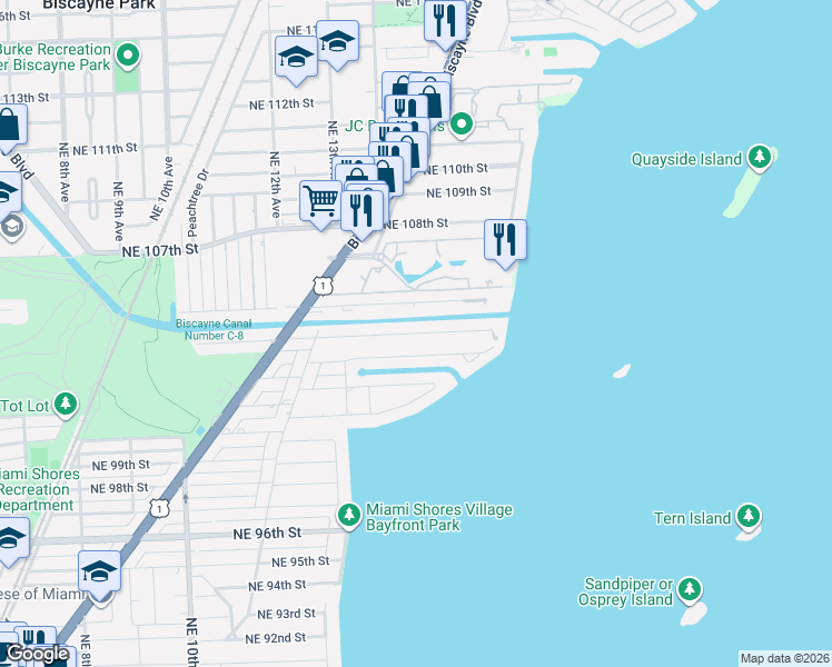 map of restaurants, bars, coffee shops, grocery stores, and more near 1371 Northeast 103rd Street in Miami Shores