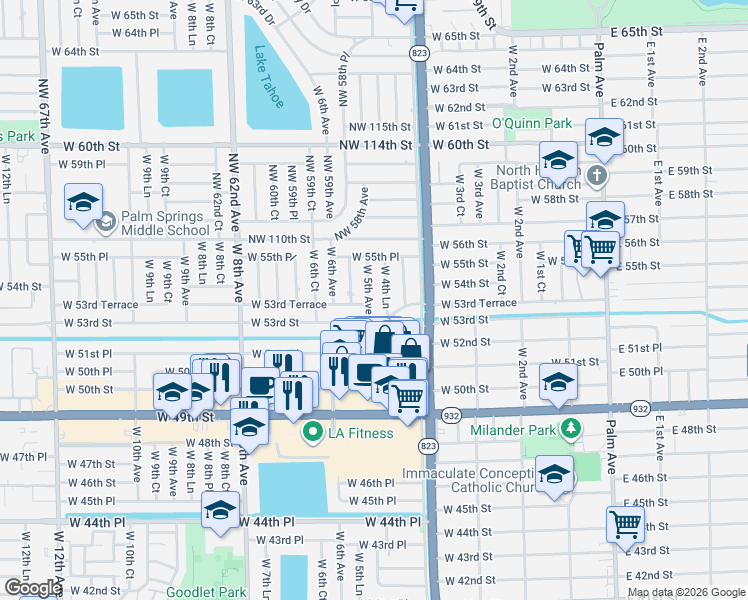 map of restaurants, bars, coffee shops, grocery stores, and more near 521 West 53rd Street in Hialeah