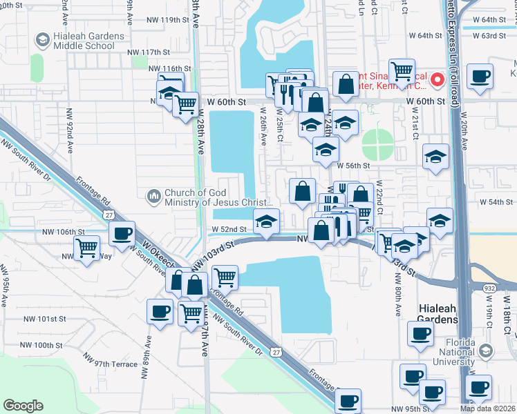map of restaurants, bars, coffee shops, grocery stores, and more near 5248 West 26th Court in Hialeah