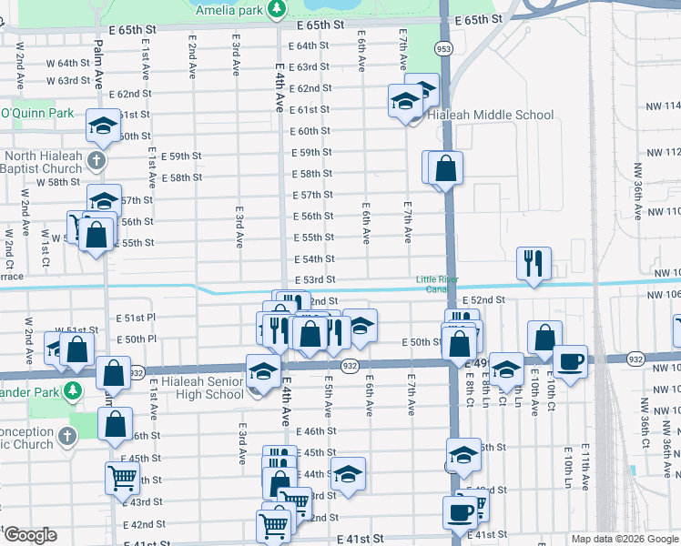 map of restaurants, bars, coffee shops, grocery stores, and more near 510 East 53rd Street in Hialeah