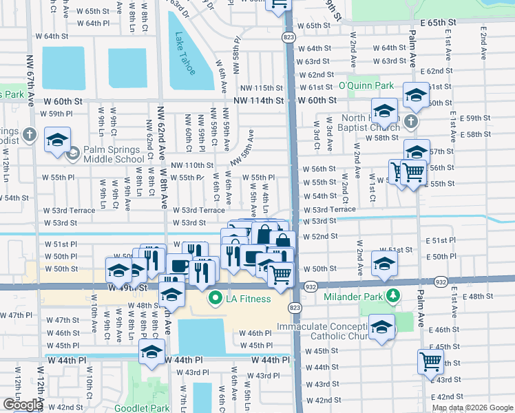 map of restaurants, bars, coffee shops, grocery stores, and more near 521 West 53rd Street in Hialeah