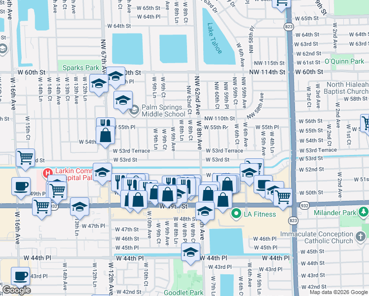 map of restaurants, bars, coffee shops, grocery stores, and more near 891 West 53rd Street in Hialeah