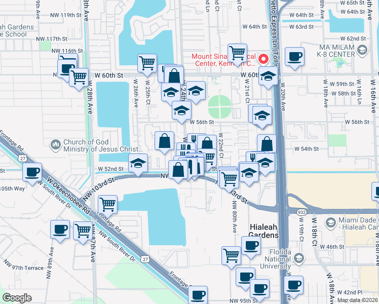 map of restaurants, bars, coffee shops, grocery stores, and more near in Hialeah