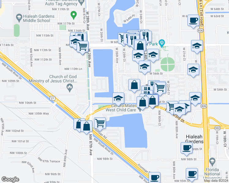 map of restaurants, bars, coffee shops, grocery stores, and more near 5248 West 26th Court in Hialeah