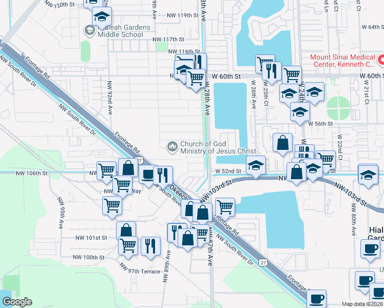 map of restaurants, bars, coffee shops, grocery stores, and more near 27 Northwest 106th Lane in Hialeah Gardens