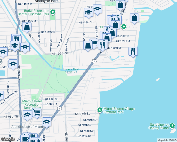 map of restaurants, bars, coffee shops, grocery stores, and more near 1155 Northeast 103rd Street in Miami Shores