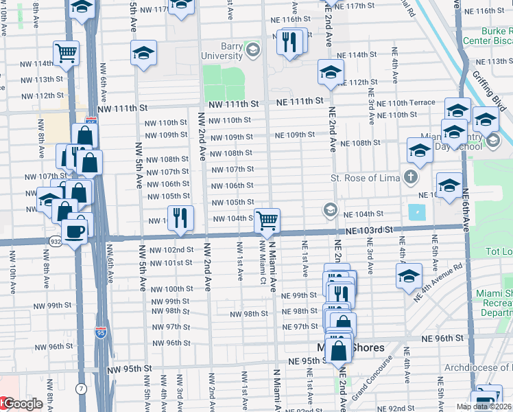 map of restaurants, bars, coffee shops, grocery stores, and more near 29 Northwest 104th Street in Miami Shores