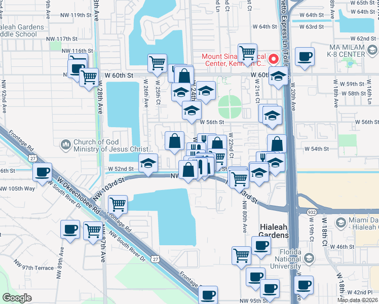 map of restaurants, bars, coffee shops, grocery stores, and more near in Hialeah