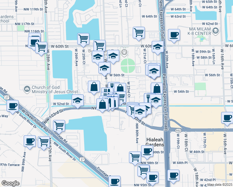 map of restaurants, bars, coffee shops, grocery stores, and more near 2311 West 52nd Street in Hialeah