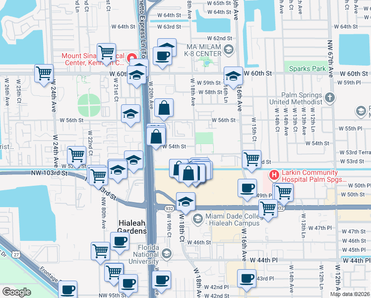 map of restaurants, bars, coffee shops, grocery stores, and more near 5301 West 20th Avenue in Hialeah