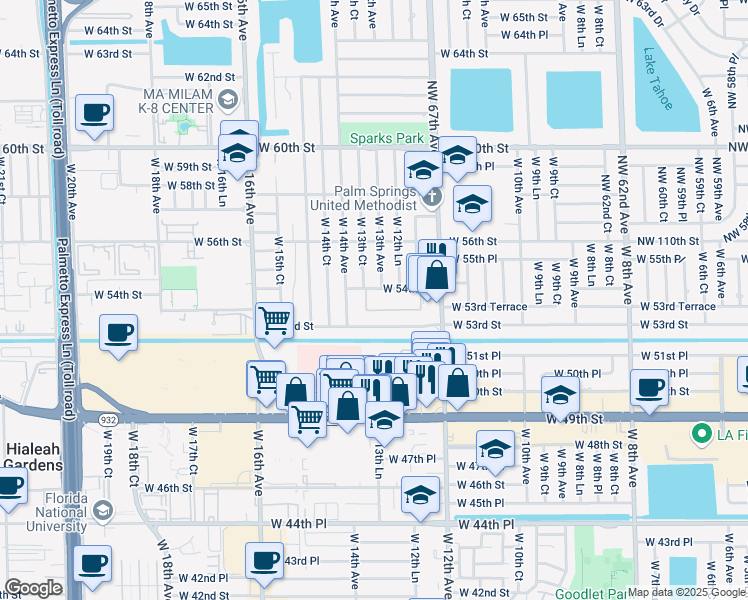map of restaurants, bars, coffee shops, grocery stores, and more near 1330 West 54th Street in Hialeah