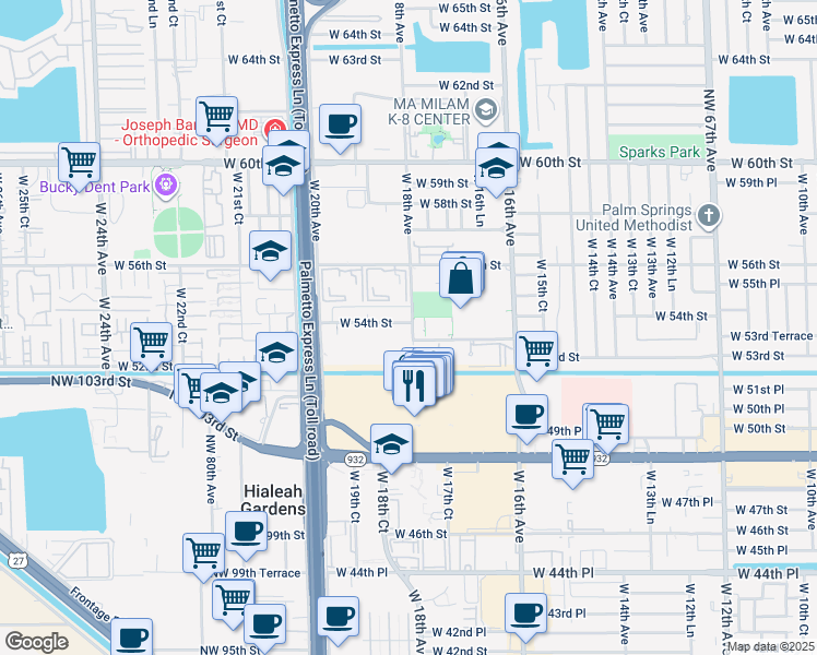 map of restaurants, bars, coffee shops, grocery stores, and more near 5345 West 18th Avenue in Hialeah