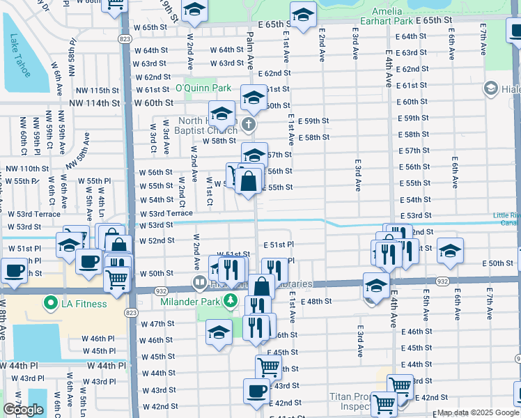 map of restaurants, bars, coffee shops, grocery stores, and more near 1 East 52nd Place in Hialeah