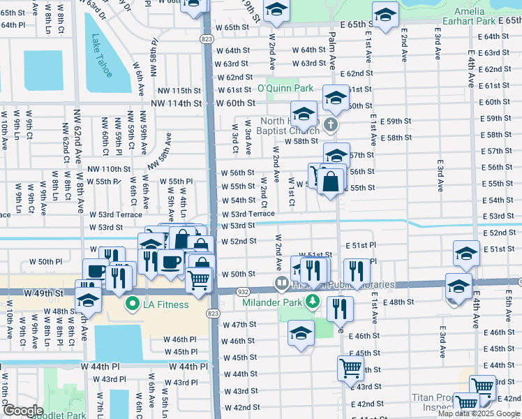 map of restaurants, bars, coffee shops, grocery stores, and more near 250 West 53rd Terrace in Hialeah