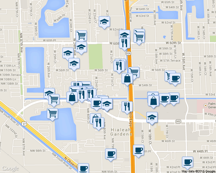 map of restaurants, bars, coffee shops, grocery stores, and more near 5290 West 53rd Street in Hialeah