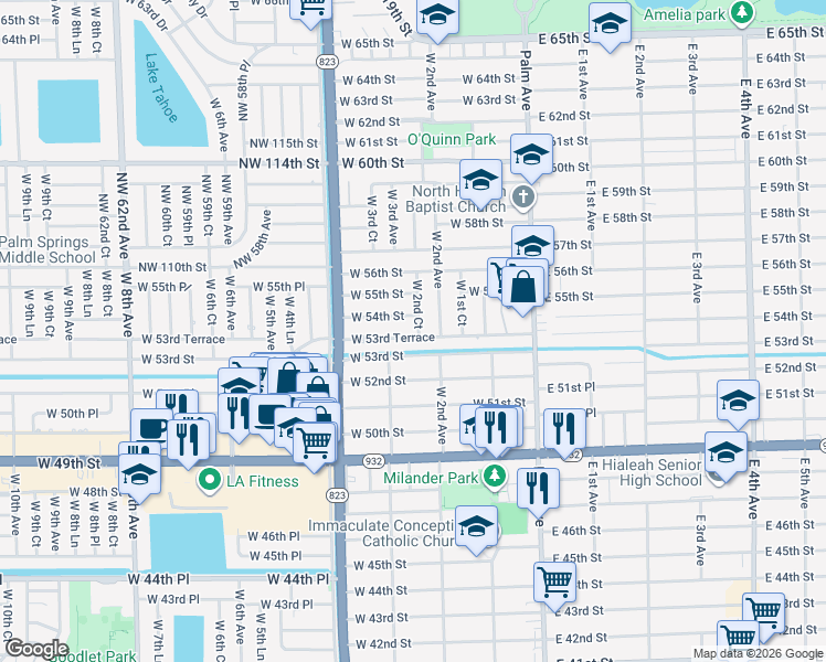map of restaurants, bars, coffee shops, grocery stores, and more near 250 West 53rd Terrace in Hialeah