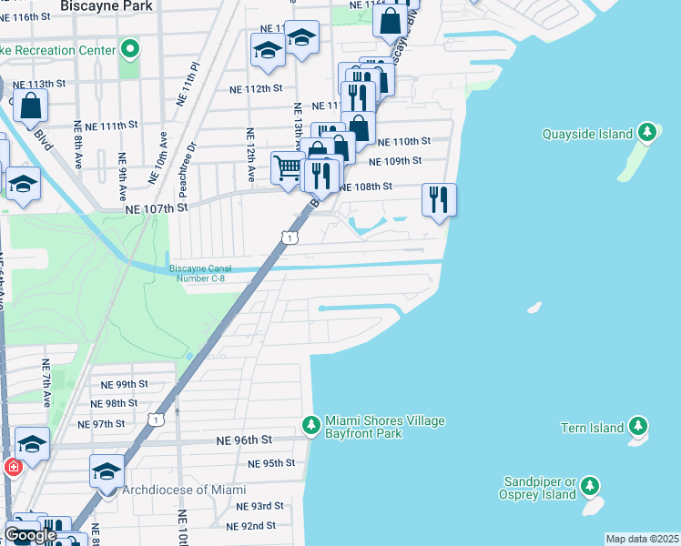 map of restaurants, bars, coffee shops, grocery stores, and more near 1371 Northeast 103rd Street in Miami Shores