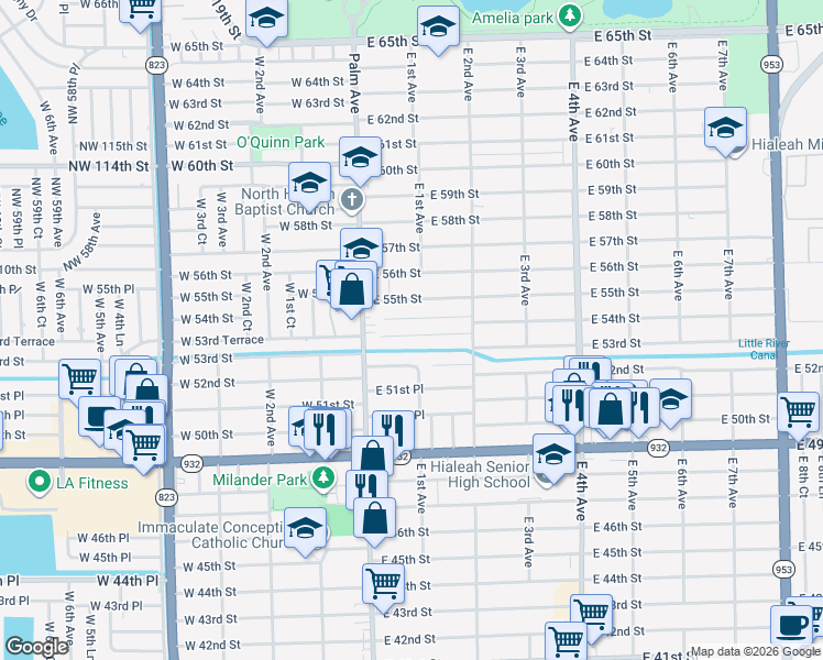 map of restaurants, bars, coffee shops, grocery stores, and more near 70 East 55th Street in Hialeah