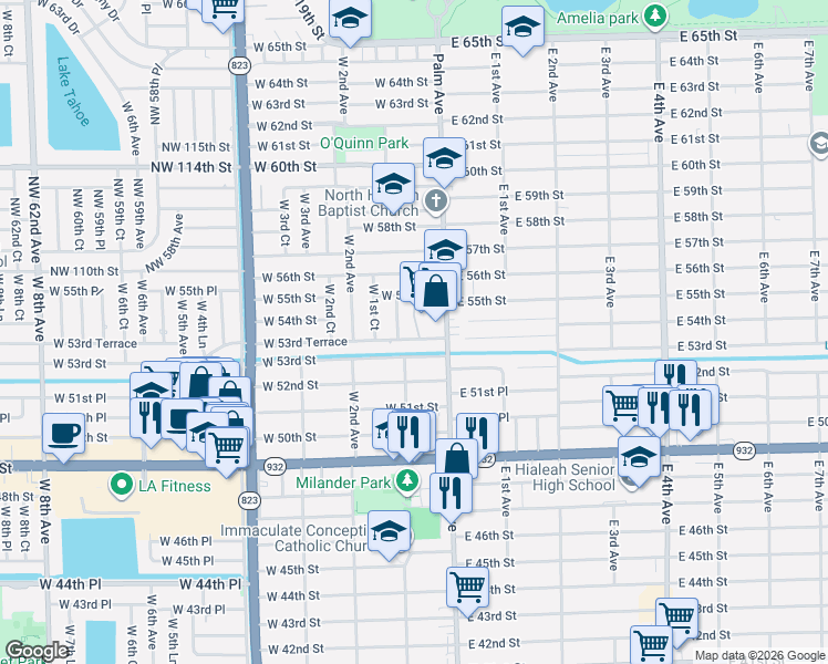 map of restaurants, bars, coffee shops, grocery stores, and more near 5441 West 1st Avenue in Hialeah