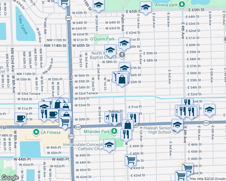 map of restaurants, bars, coffee shops, grocery stores, and more near 5441 West 1st Avenue in Hialeah