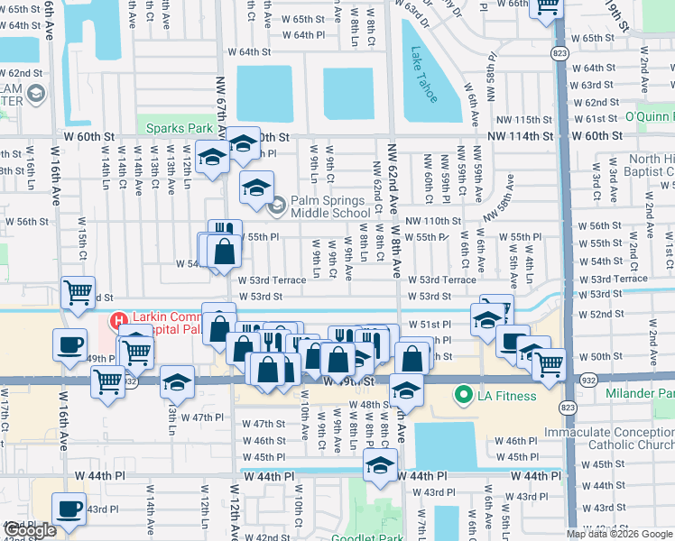 map of restaurants, bars, coffee shops, grocery stores, and more near 5431 West 9th Lane in Hialeah