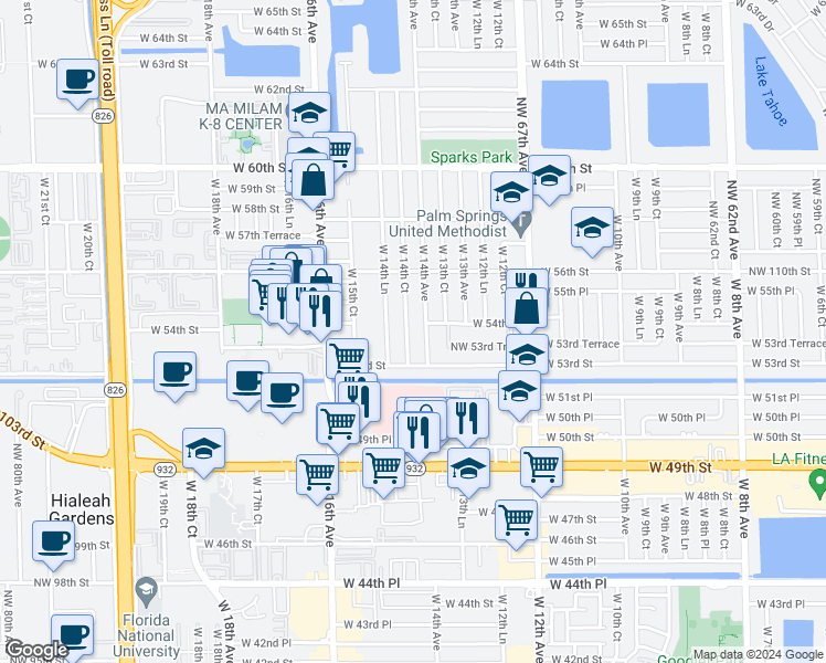 map of restaurants, bars, coffee shops, grocery stores, and more near 5381 West 14th Court in Hialeah