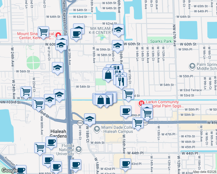 map of restaurants, bars, coffee shops, grocery stores, and more near 5360 West 16th Avenue in Hialeah