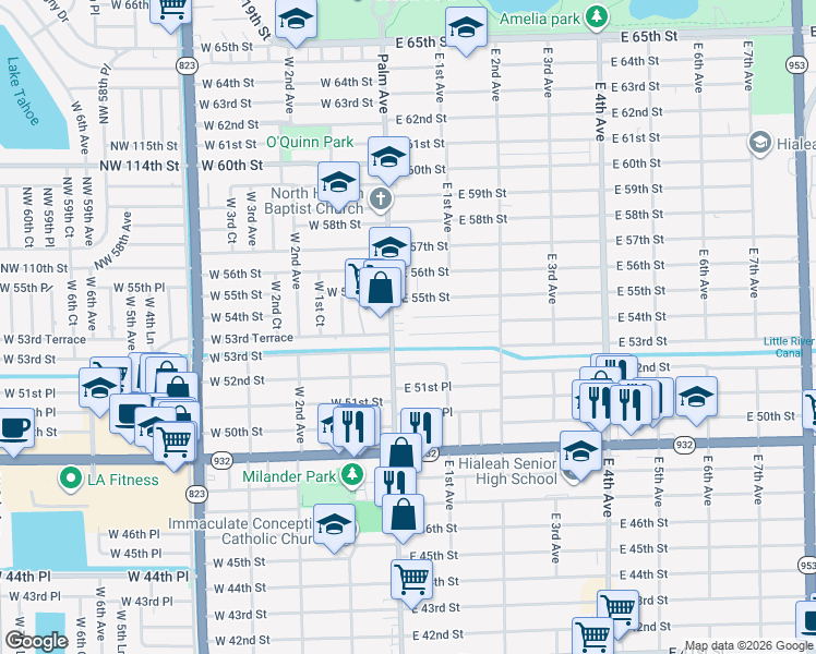map of restaurants, bars, coffee shops, grocery stores, and more near 5485 Palm Avenue in Hialeah