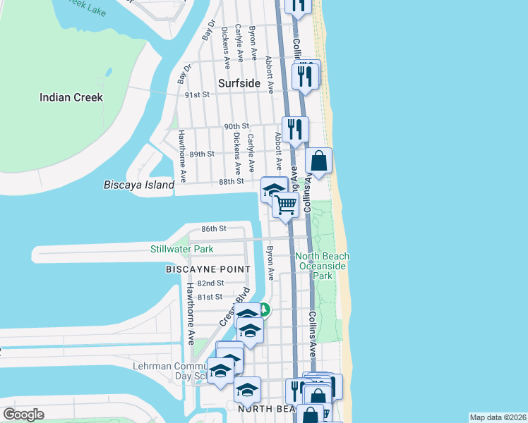 map of restaurants, bars, coffee shops, grocery stores, and more near 8675 Byron Avenue in Miami Beach