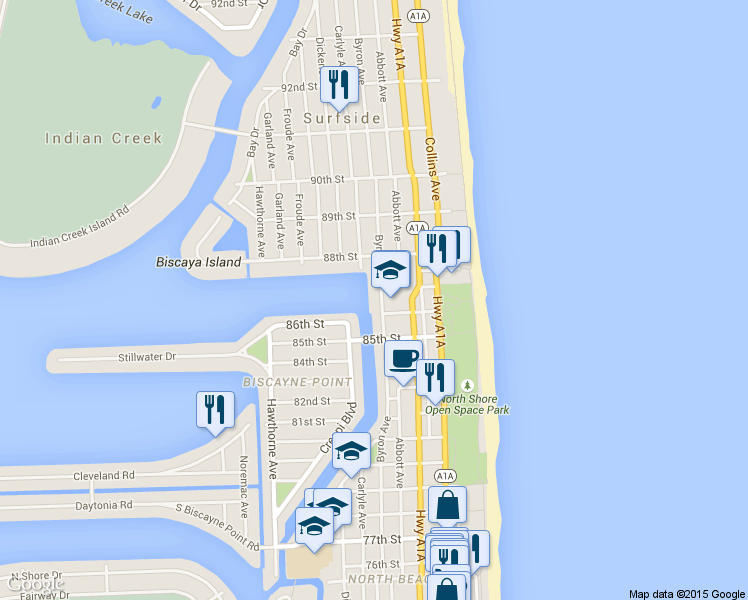 map of restaurants, bars, coffee shops, grocery stores, and more near 8675 Byron Avenue in Miami Beach