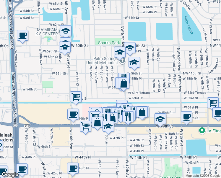 map of restaurants, bars, coffee shops, grocery stores, and more near 5435 West 12th Lane in Hialeah