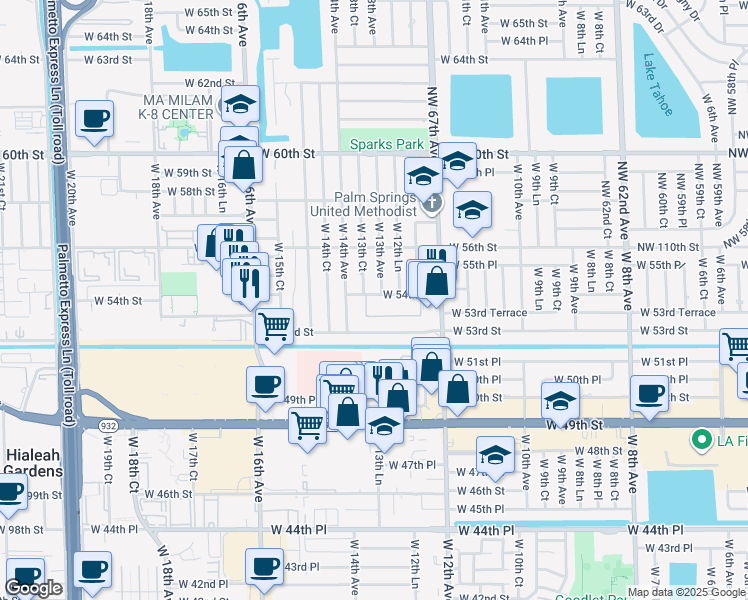 map of restaurants, bars, coffee shops, grocery stores, and more near West 13th Court in Hialeah