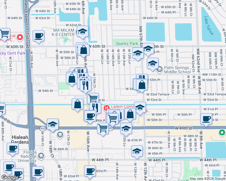 map of restaurants, bars, coffee shops, grocery stores, and more near 5430 West 14th Avenue in Hialeah