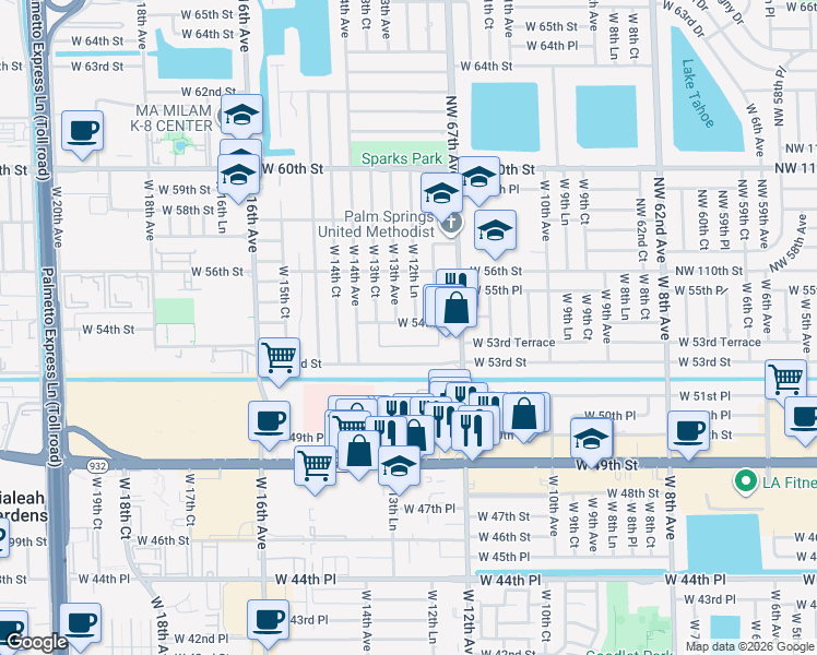 map of restaurants, bars, coffee shops, grocery stores, and more near 5435 West 12th Lane in Hialeah