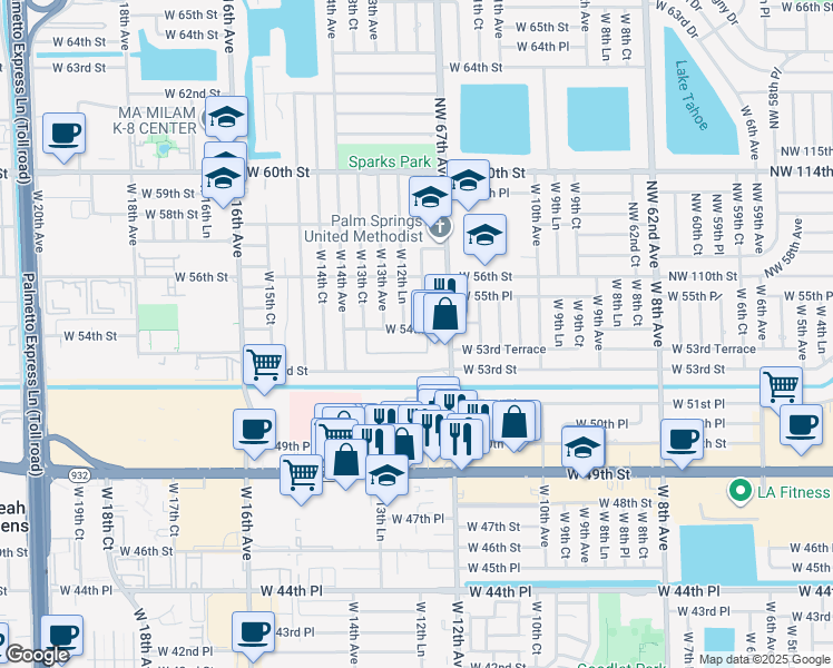 map of restaurants, bars, coffee shops, grocery stores, and more near 5435 West 12th Lane in Hialeah