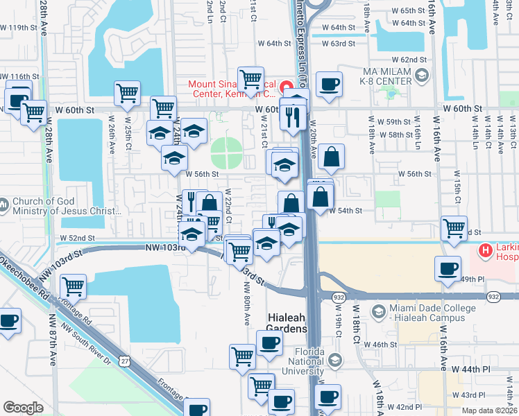 map of restaurants, bars, coffee shops, grocery stores, and more near 5460 West 21st Court in Hialeah