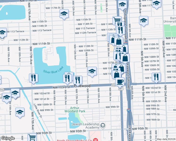 map of restaurants, bars, coffee shops, grocery stores, and more near 1061-1063 Northwest 106th Street in Miami