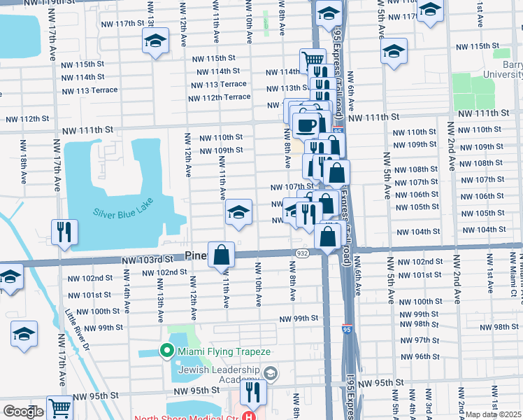 map of restaurants, bars, coffee shops, grocery stores, and more near 10625 Northwest 10th Avenue in Miami