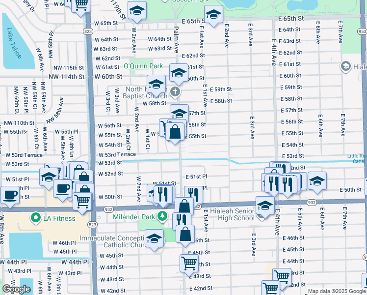 map of restaurants, bars, coffee shops, grocery stores, and more near 5485 Palm Avenue in Hialeah