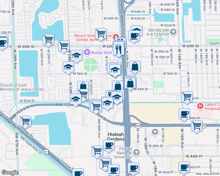 map of restaurants, bars, coffee shops, grocery stores, and more near 5437 West 21st Avenue in Hialeah