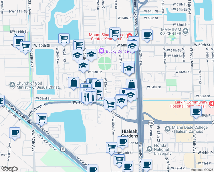 map of restaurants, bars, coffee shops, grocery stores, and more near 5401 West 22nd Court in Hialeah